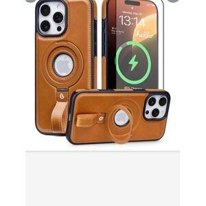 iPhone 15 Pro Brown Leather Case with Ring Stand and Magnetic‎ Mount